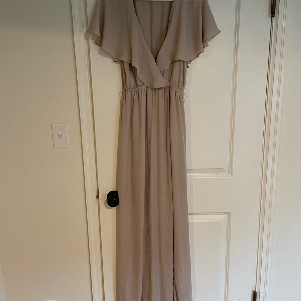 Revelry Tan Bridesmaid Dress with Flutter Sleeves and Plunge Neckline